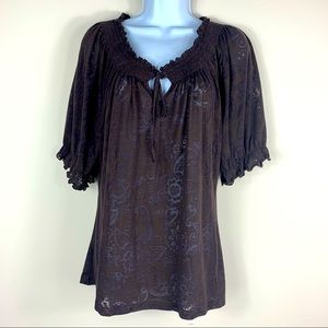 Saint Tropez West brown floral print sheet boho peasant style shirt. Large